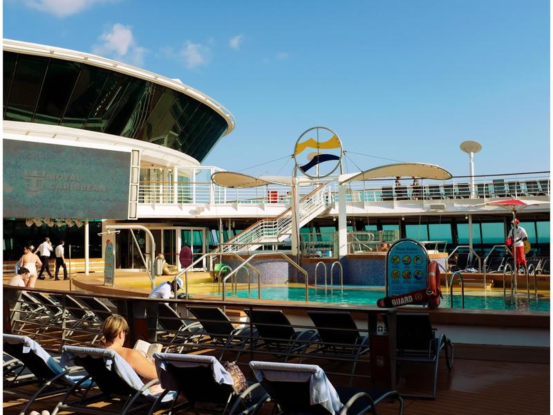 Pool deck and waterslides on a cruise ship