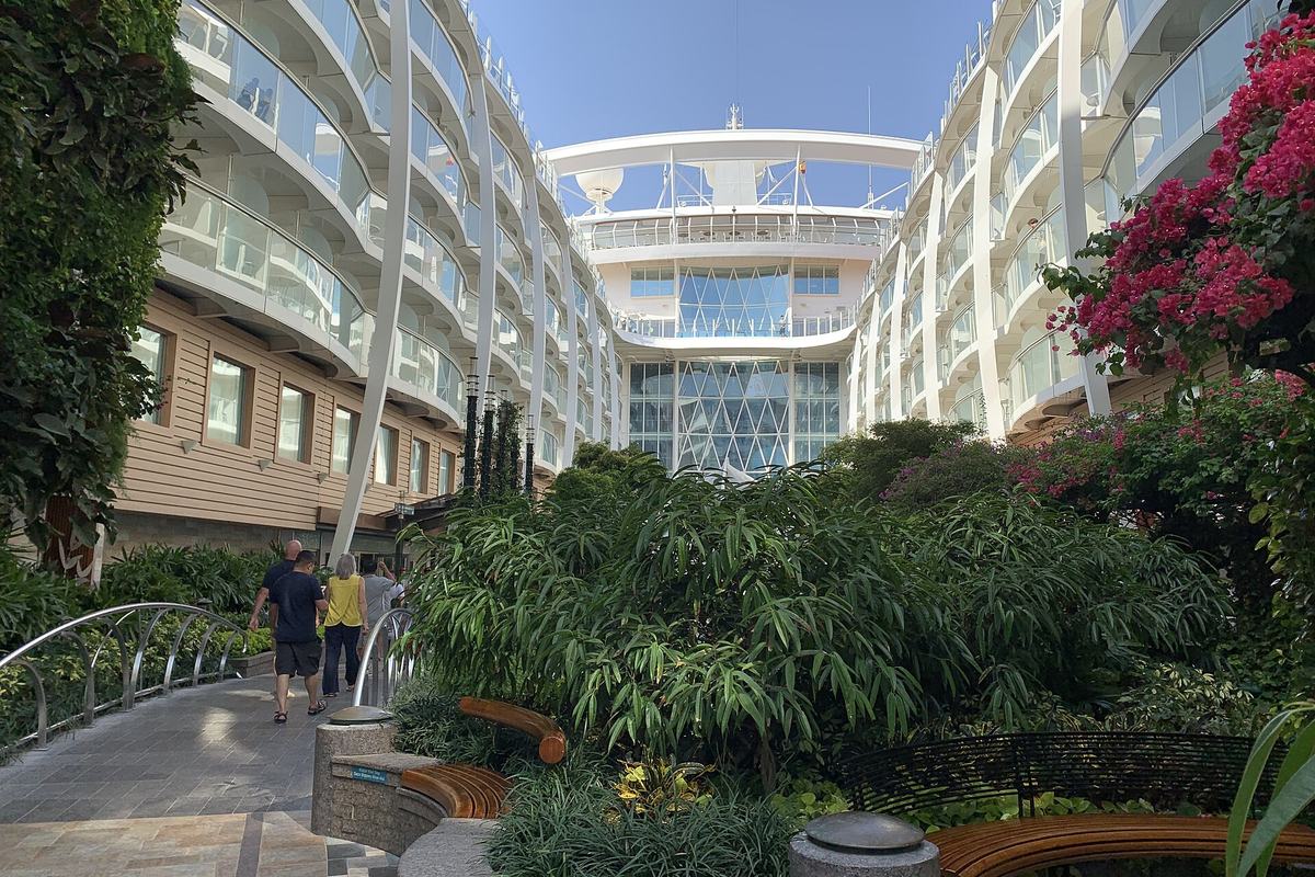 Central Park on Oasis of the Seas, an open-air garden deck in the middle of the ship